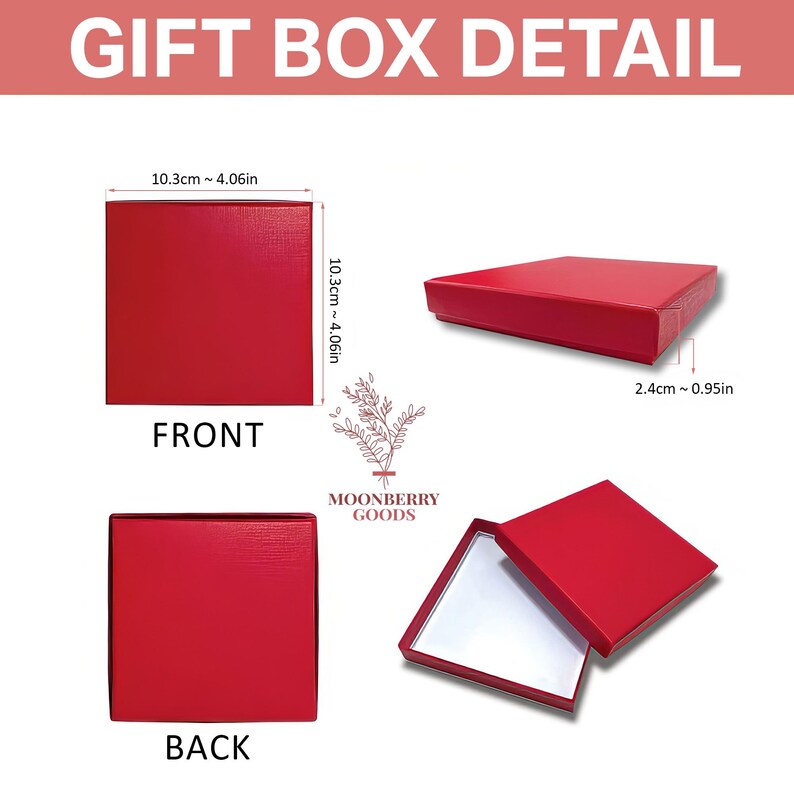 May include: A square red gift box with a textured finish. Dimensions are 4.06 inches by 4.06 inches by 0.95 inches. The box is shown from the front, back, and side angles, with one view showing the box open to reveal a white interior base.