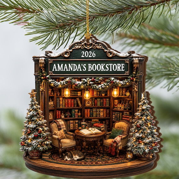 Personalized Bookshelf Ornament 2026,Bookstore 2 Layers Wooden Ornament, Christmas Ornament Gift For Book Lovers, Bookish Gift,Booknerd Gift