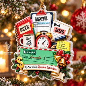 May include: A decorative ornament featuring an employee handbook, a timesheet, a W-4 2026 form, a pen, a clock, and a mug labeled New Job Mode. Below is a green check labeled Pay to the order of Amanda, with a gold dollar sign and two gold bells.