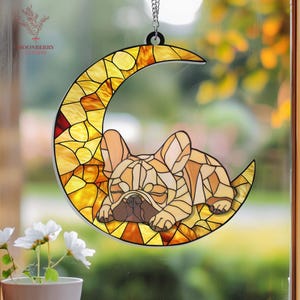Bouledogue français sur la lune, tentures attrape-soleil en acrylique, cadeau commémoratif bouledogue, cadeau pour les amoureux des chiens, cadeaux pour maman chien, décoration de fenêtre bouledogue