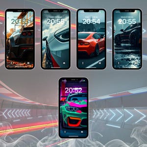 Puede incluir: Cinco protectores de pantalla de teléfono diferentes con una variedad de coches deportivos. Los protectores de pantalla son todos negros y presentan un reloj digital en la esquina superior izquierda. Los coches son todos de diferentes colores y se muestran desde diferentes ángulos.