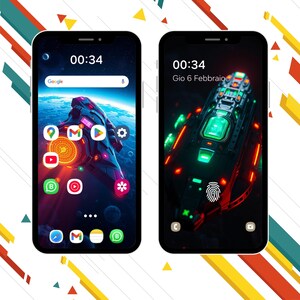 May include: Two smartphone screens displaying different wallpapers. The left screen shows a futuristic spaceship in a dark space with a galaxy background. The right screen shows a close-up of a futuristic spaceship with red and green lights. Both screens display the time 00:34.