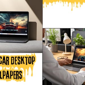 Puede incluir: Un portátil muestra un fondo de pantalla de coche antiguo. La imagen presenta un coche clásico rojo contra un cielo dramático. El texto "VINTAGE CAR DESKTOP WALLPAPERS" es amarillo con un efecto de pintura goteando.