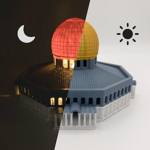 Op de afbeelding: Een 3D-geprint model van de Rotskoepel, een beroemde islamitische heiligdom in Jeruzalem. Het model is van binnenuit verlicht, waardoor de rode en gouden koepel zichtbaar is. Het model wordt getoond in zowel een donkere als een lichte omgeving.