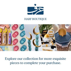 May include: A collage of Islamic-themed decorative items, including a blue and gold crescent moon, a white mosque model, a set of blue and pink slippers, and a string of white beads with gold accents. The text "HARF BOUTIQUE" is displayed at the top of the image.