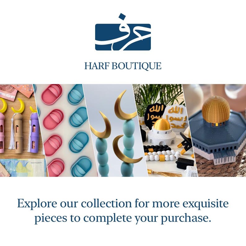 May include: A collage of Islamic-themed decorative items, including a blue and gold crescent moon, a white mosque model, a set of blue and pink slippers, and a string of white beads with gold accents. The text "HARF BOUTIQUE" is displayed at the top of the image.