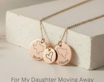 Personalized Mother Daughter Long Distance Relationship Necklace-Two State Moving Away Daughter-Custom Coin Name Heart Charm for Mom Family