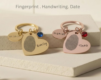 Personalized Heart Keychain-Handwriting Gift-Custom Engraved Handwriting Keepsake- Car Charm Keychain-Birthstone Charm-Memorial Keychain