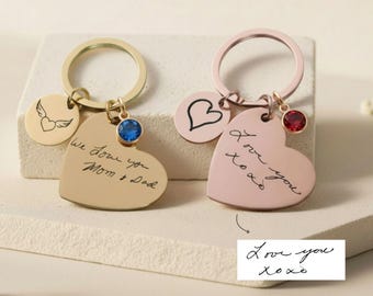 Personalized Heart Keychain-Handwriting Gift-Custom Engraved Handwriting Keepsake- Car Charm Keychain-Birthstone Charm-Memorial Keychain