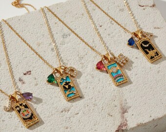 Custom tarot necklace-sun moon necklace-tarot deck-zodiac letter--birthstone charm-initial nameplate necklace-celestial jewelry-Mystic-Gift
