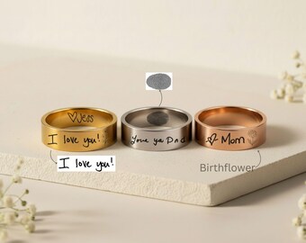 Birth Flower Ring-Gold Flower Ring-Handwriting ring-Birthflower Ring-Custom name ring-Handwriting Jewelry-Handwriting Gift-Best Friend Ring