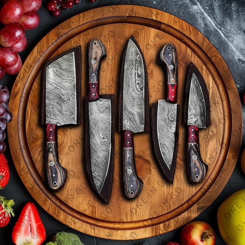 May include: Set of five kitchen knives with wooden handles and Damascus steel blades. The knives are arranged on a wooden cutting board with a variety of fruits and vegetables around the board.