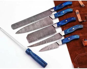 Handmade Made Damascus Kitchen BBQ and Grilling Knives set With Leather Bag , Gift For Christmas, Anniversary And Gifts for Everyone