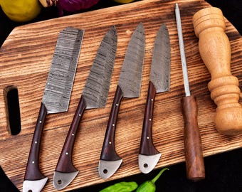 Handmade Damascus Chef Knife Set: Rose Wood and Brass, 5-Piece