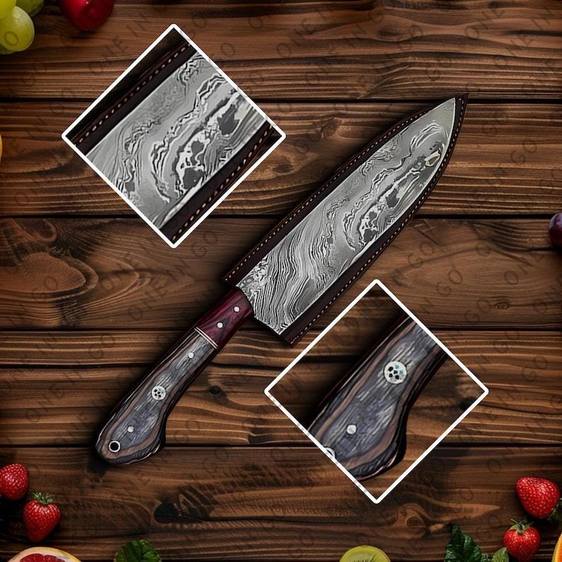 May include: A close-up of a Damascus steel chef's knife with a wooden handle. The knife is on a wooden surface with a leather sheath. The blade has a wavy pattern and the handle has a dark wood grain.