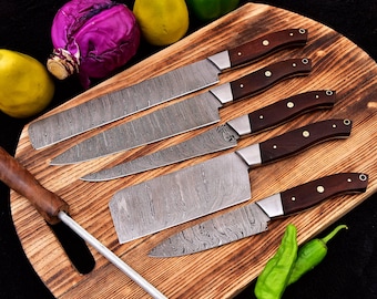 Handmade Damascus Steel Chef Knife Set, Rosewood Handle, Leather Bag