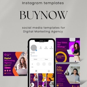 Może przedstawiać: Szablony Instagram z tekstem "BUYNOW". Obraz przedstawia szablony mediów społecznościowych dla Agencji Marketingu Cyfrowego. Szablony są fioletowe i pomarańczowe, ze zdjęciami osób korzystających z laptopów i telefonów.