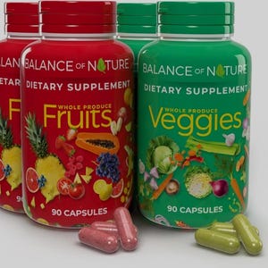 May include: Three bottles of dietary supplements. Two red bottles labeled "Fruits" and one green bottle labeled "Veggies". Each bottle has a red or green cap and contains 90 capsules. The capsules are visible in the foreground.