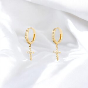 Gold Cross Hoop Earrings, CZ Pave Huggie Hoops, 14K Gold Crucifix Dangle Earrings, Christian Jewelry, Faith Gift For Women, Easter Gift
