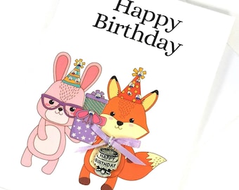 Childs Happy Birthday Card - Birthday card - Childens Happy Birthday card - Charm embellished Birthday Card - Animal Birthday Card for kid