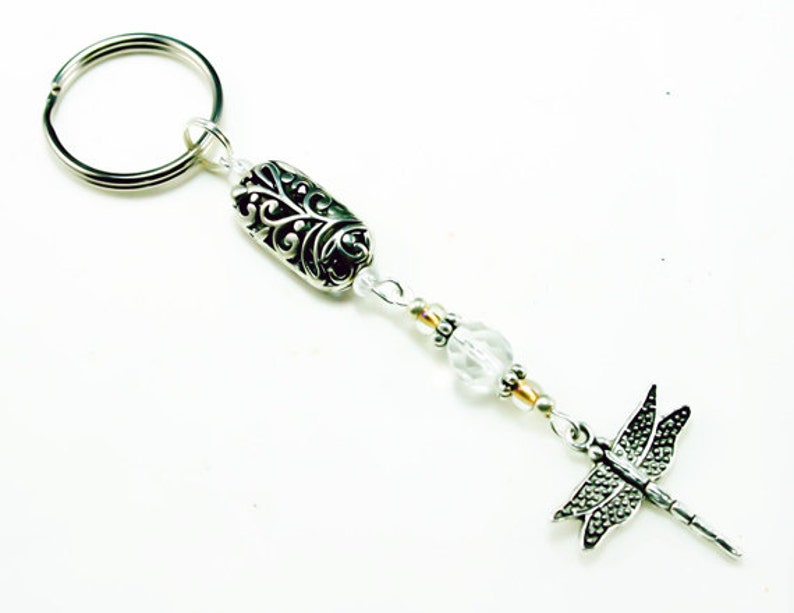 Dragonfly Keychain Silver Beaded Keychain Dragonfly Key Etsy