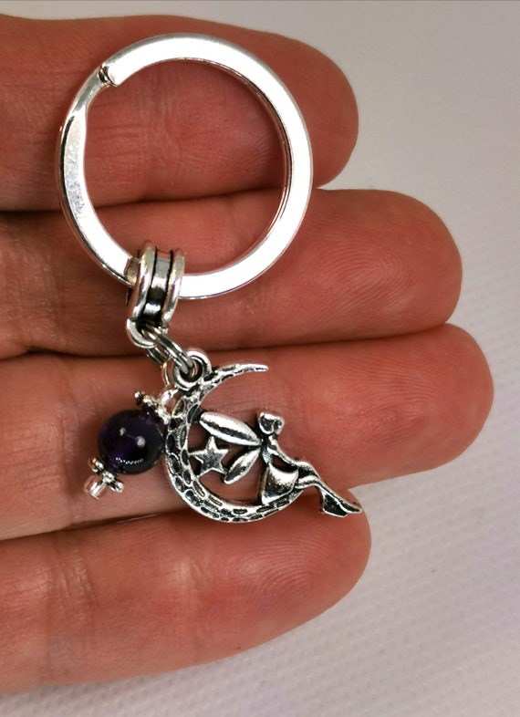 Gemstone Key Chain Beaded Gemstone Keychain Fairy in the Moon Key chain |Wish Upon a star Amethyst Stone Keyring Charm Keyring Ky150
