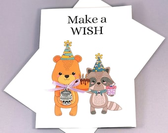 Bear Racoon birthday card, Cute birthday card, Bear card,  Childs birthday card, child birthday card, Birthday card for kids - keepsake card