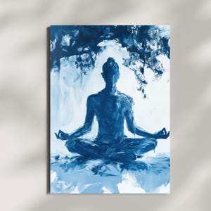 Stampa artistica yoga, poster zen blu, decorazione murale di consapevolezza, opera d'arte spirituale del Buddha, regalo per la casa tranquilla