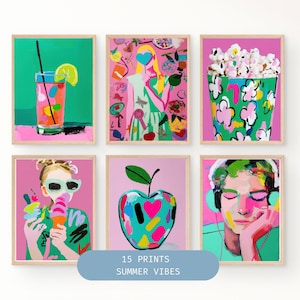 May include: Six framed illustrations with a summer theme. The illustrations feature a glass of lemonade, a girl holding a lollipop, a bucket of popcorn, a girl eating ice cream, an apple with hearts, and a person wearing headphones.