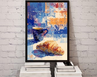 Stampa digitale da parete con croissant e caffè – Colazione francese, poster moderno per la cucina di un bar