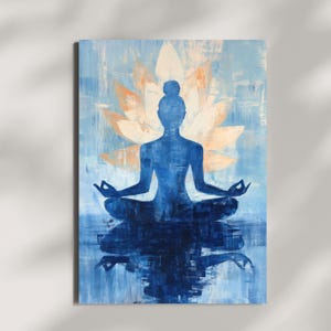 Arte della meditazione yoga del loto, stampa murale zen, decorazione spirituale boho, poster di consapevolezza, stampa yoga astratta blu