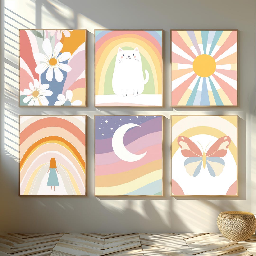 Pastel Rainbow Wall Art Bundle, 14 Boho Nursery Prints, Cute Cat, Moon ...