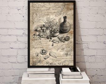 May include: Black framed print featuring a vintage-style illustration of herbs, spices, and bottles. The artwork has a sepia tone, with handwritten script in the background. The image includes garlic, olives, and other ingredients, suggesting a culinary or apothecary theme.