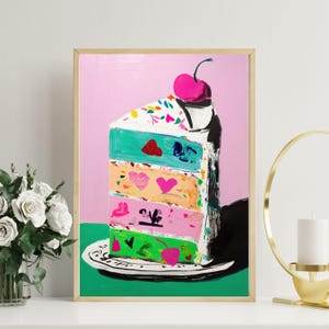 Colorful Cake Art Print, Whimsical Dessert Wall Decor, Fun Kitchen Poster, Bright Digital Download