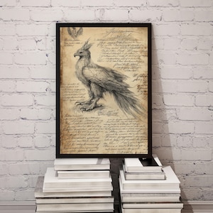 May include: A framed print featuring a detailed pencil sketch of a phoenix. The artwork is set against a backdrop of aged parchment-style paper with handwritten script. The black frame adds a classic touch to the artwork.