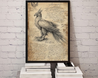 Phoenix Witch Spell Book Page, Magical Creature Poster, Vintage Wizard Wall Art, Witchcore Aesthetic Printable