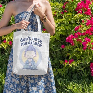 Meditation Buddha Tote Bag, Yoga Bag, Zen Carryall, Mindfulness Canvas Tote, Reusable Shopping Bag, Eco-Friendly Shoulder Bag