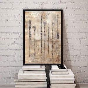 May include: A framed print featuring detailed illustrations of various wands, set against a parchment-like background with handwritten script. The wands are depicted in shades of gray and black, with intricate designs. The frame is black, and the print rests on a stack of white books.