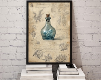 May include: A framed print featuring a vintage-style illustration. The artwork showcases a blue glass bottle with a cork stopper, set against a backdrop of botanical sketches and handwritten notes. The print is displayed on a stack of white books.