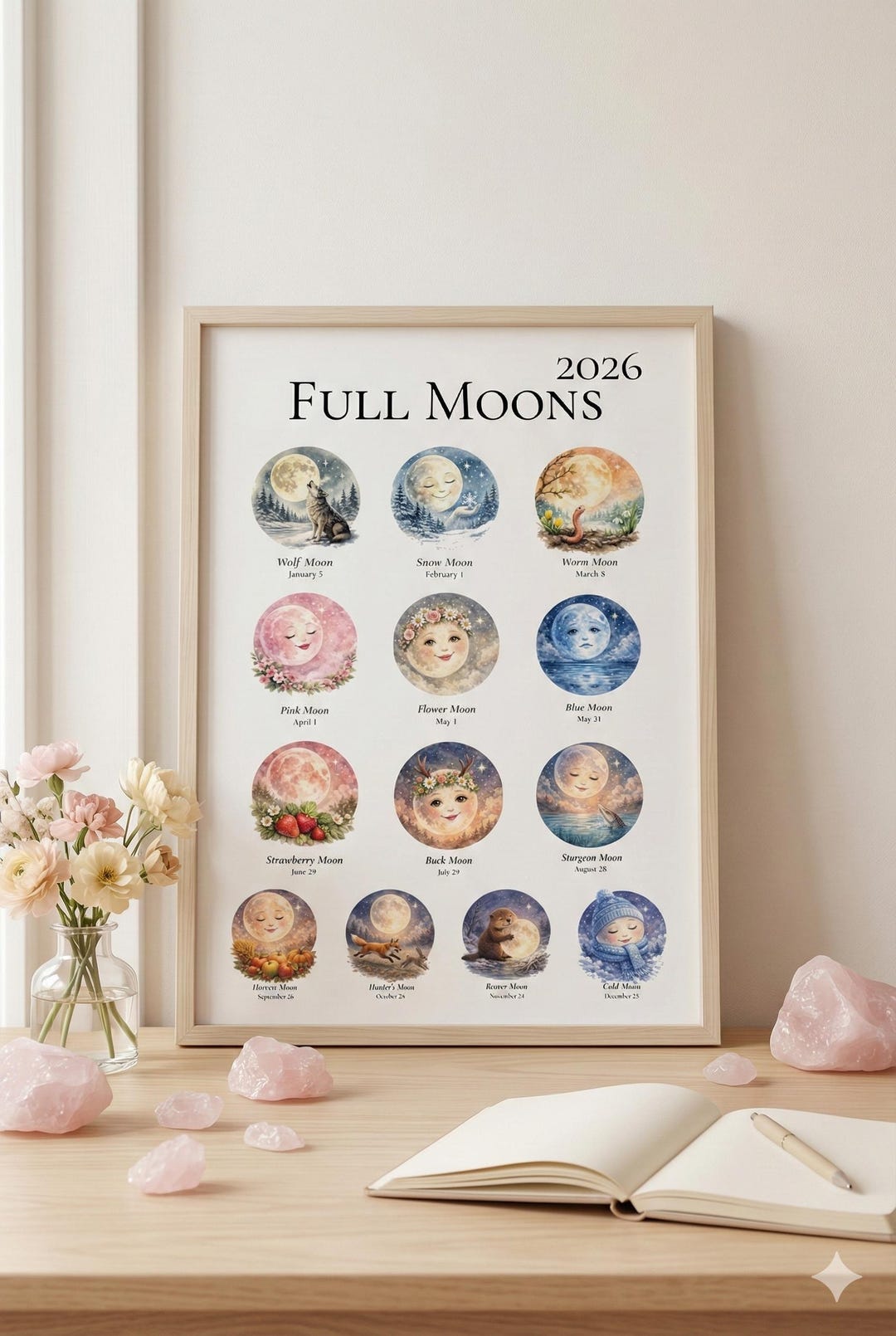 2026 Full Moon Calendar Printable – Watercolor Lunar Phases Wall Art ...