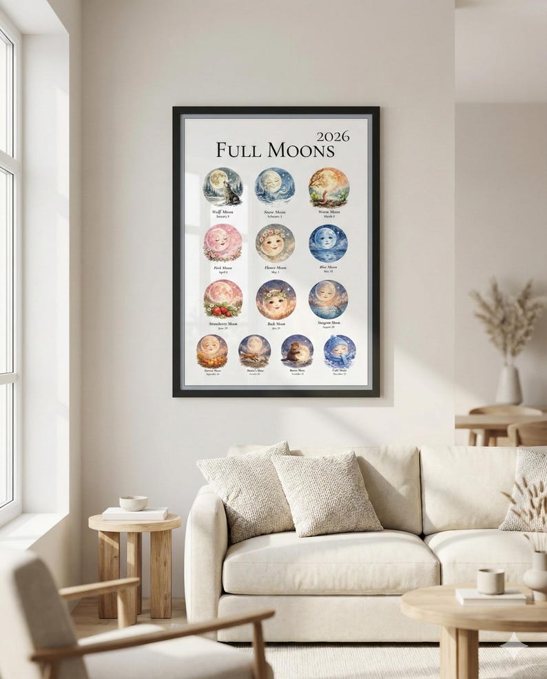 2026 Full Moon Calendar Printable – Watercolor Lunar Phases Wall Art ...