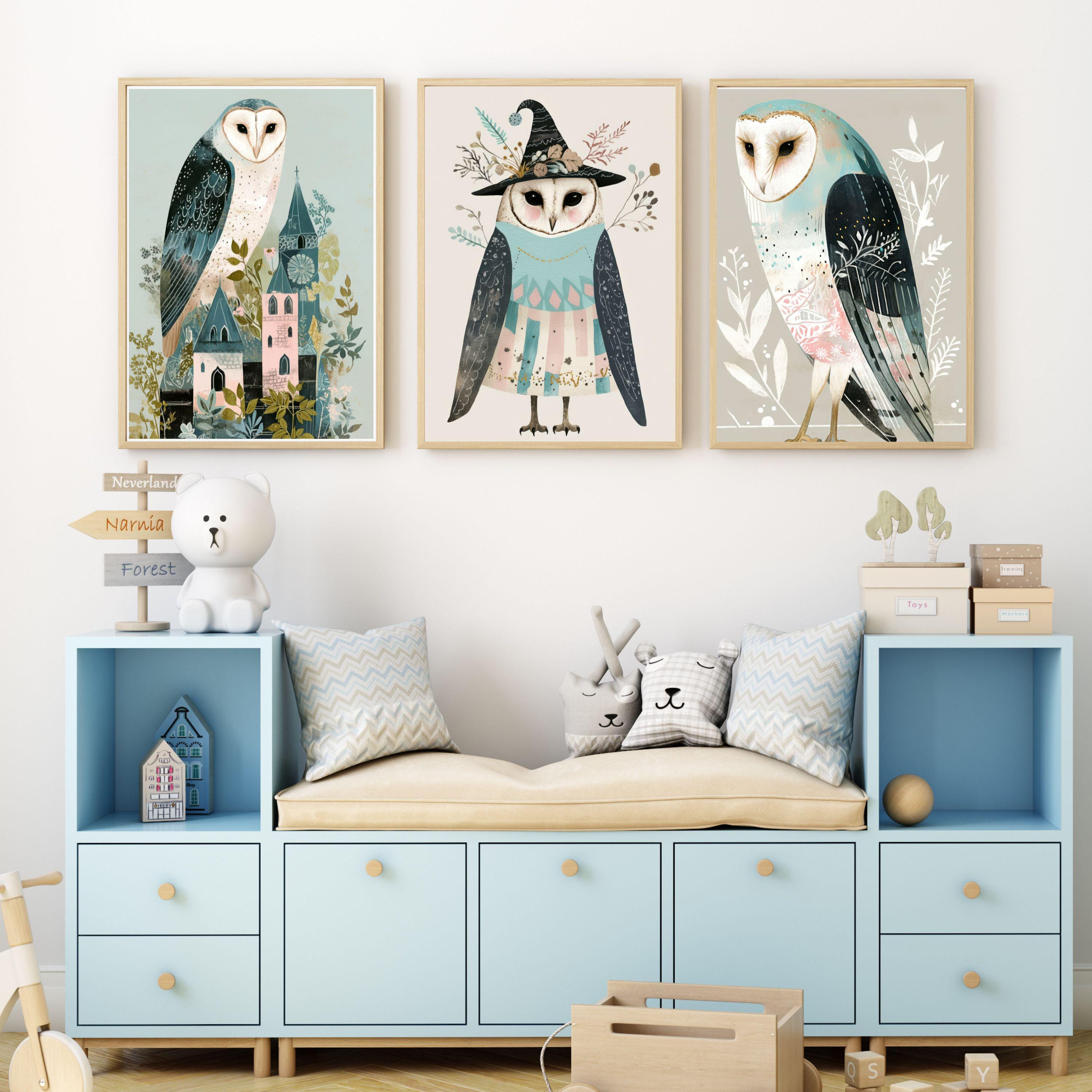 Owl Nursery Wall Art Set of 3, Woodland Animal Prints for Kids Room, Magical Barn Owl Posters, Digit