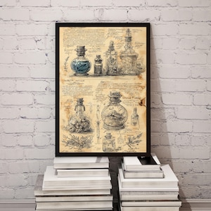 Könnte beinhalten: Gerahmter Druck mit Vintage-Illustrationen von Zaubertränken. Das Kunstwerk ist in Sepia-Tönen gehalten und zeigt detaillierte Zeichnungen verschiedener Flaschen und handschriftliche Notizen. Die Flaschen haben Korken und enthalten farbige Flüssigkeiten.