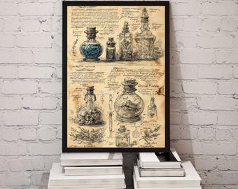 May include: A framed print featuring vintage illustrations of potion bottles. The artwork is in sepia tones, with detailed drawings of various bottles and handwritten notes. The bottles have cork stoppers and contain different colored liquids.