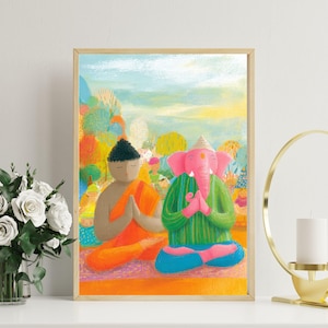 Ganesha and Buddha poster, lotus pose yoga, Colorful Meditation Prints, Hindu Buddhist Decor for Yoga or Zen Room