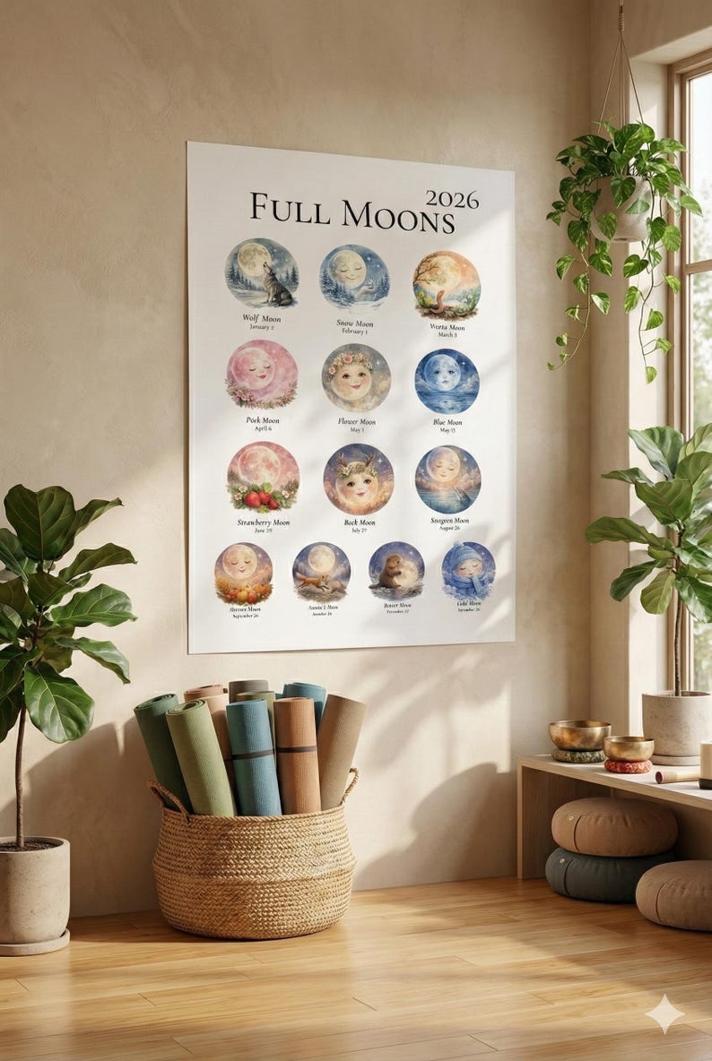 2026 Full Moon Calendar Printable – Watercolor Lunar Phases Wall Art ...