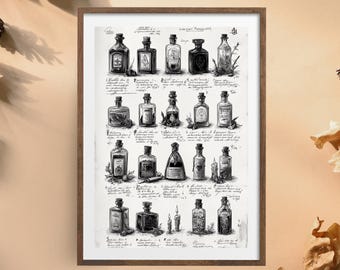 May include: A framed print featuring a detailed illustration of various antique apothecary bottles. The black and white artwork showcases bottles of different shapes and sizes, with handwritten labels and botanical accents. The print is in a brown wooden frame.
