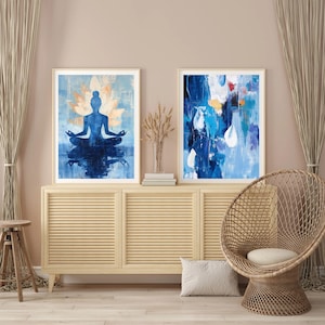 Set of 2 Digital Prints, Lotus Yoga Meditation Art, Blue Abstract Raindrop Poster, Mindful Wall Decor, Zen Spiritual Prints
