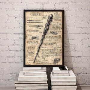 May include: A framed print featuring a detailed illustration of a wand, with sketches and handwritten notes on aged paper. The wand is intricately designed with a textured handle and a spherical top. The artwork is displayed on a stack of white books.