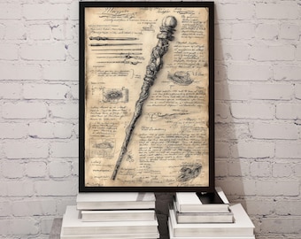 Magic Wand Blueprint Art Print, Witchcraft Wizard School Poster, Spellbook Page, Magical Wall Decor